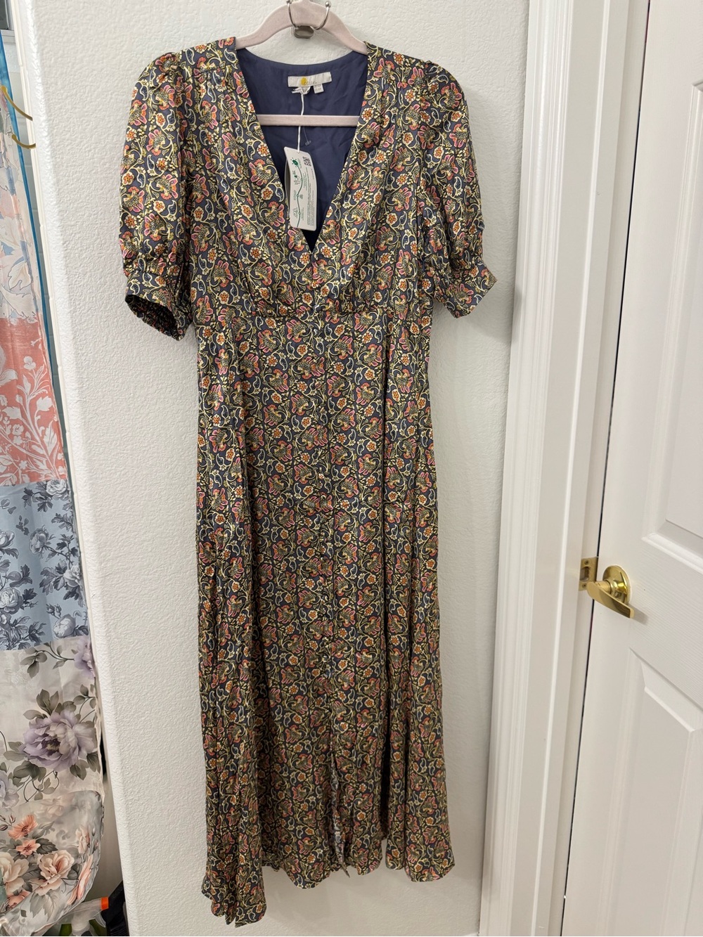 NWT Boden Blue Pink Maxi Tea Dress with Multicolor Floral Print Size 6